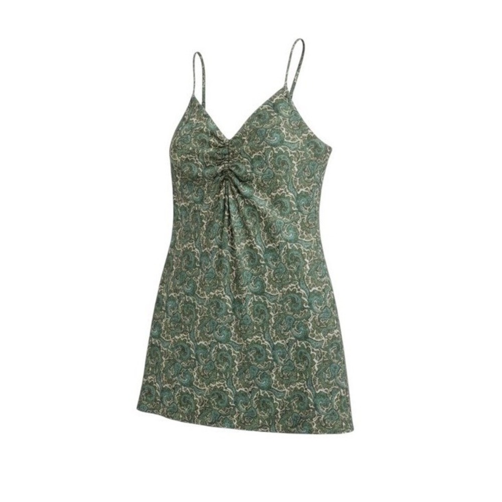 Zara Olive Green Paisley Ruched V-Neck Mini Dress